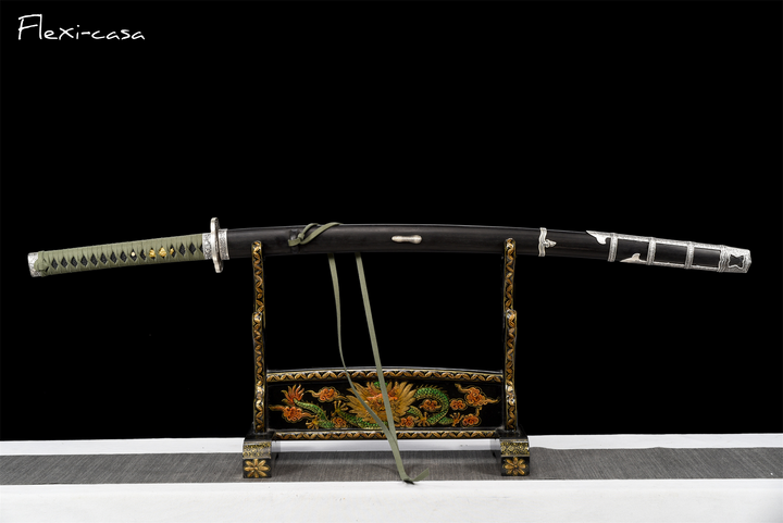 Hand-Forged Katana – High Manganese Steel, Olive Green Handle, Black Lacquer Scabbard