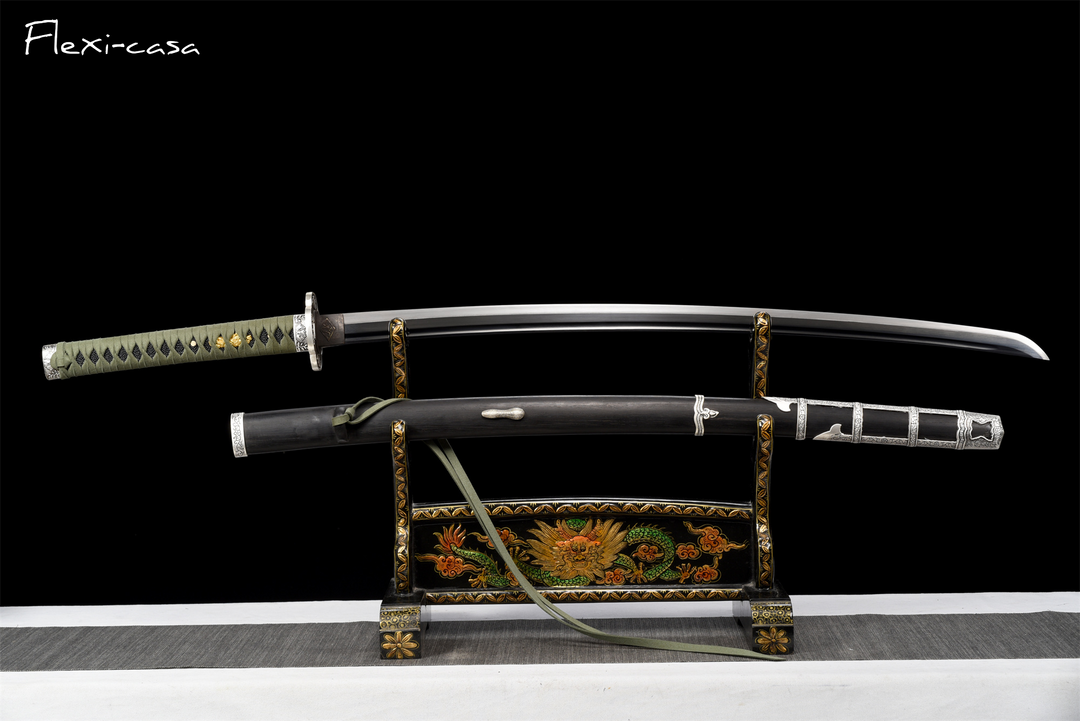 Hand-Forged Katana – High Manganese Steel, Olive Green Handle, Black Lacquer Scabbard