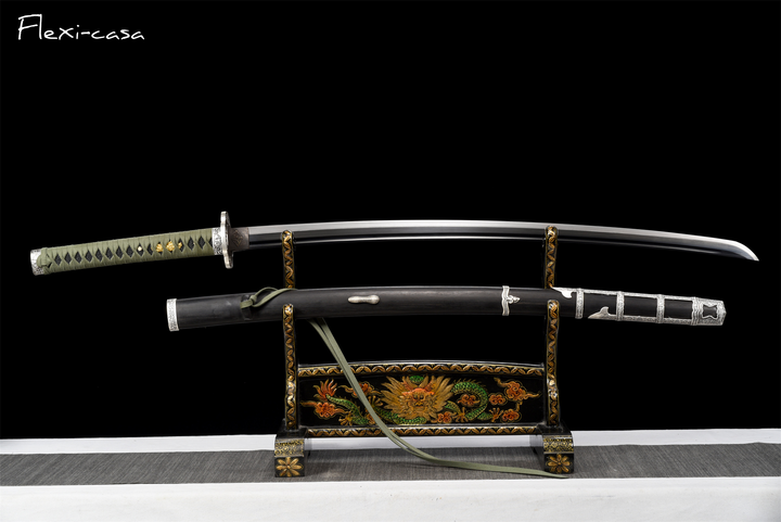 Hand-Forged Katana – High Manganese Steel, Olive Green Handle, Black Lacquer Scabbard