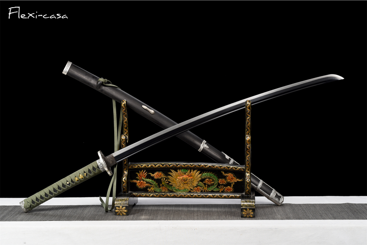 Hand-Forged Katana – High Manganese Steel, Olive Green Handle, Black Lacquer Scabbard