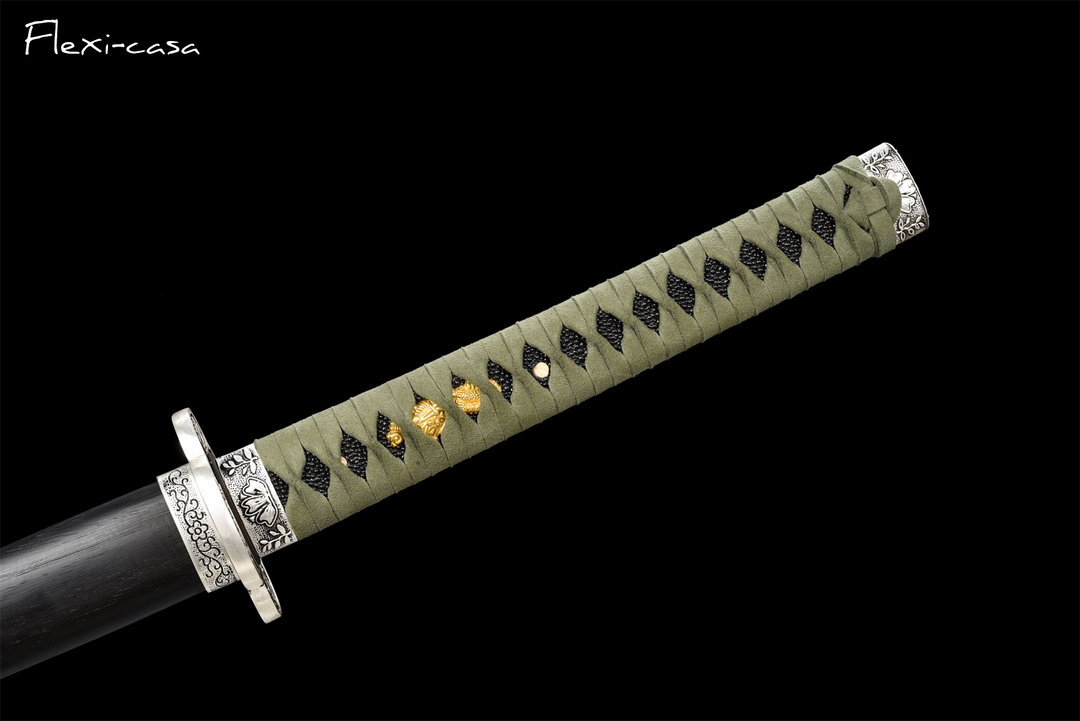 Hand-Forged Katana – High Manganese Steel, Olive Green Handle, Black Lacquer Scabbard