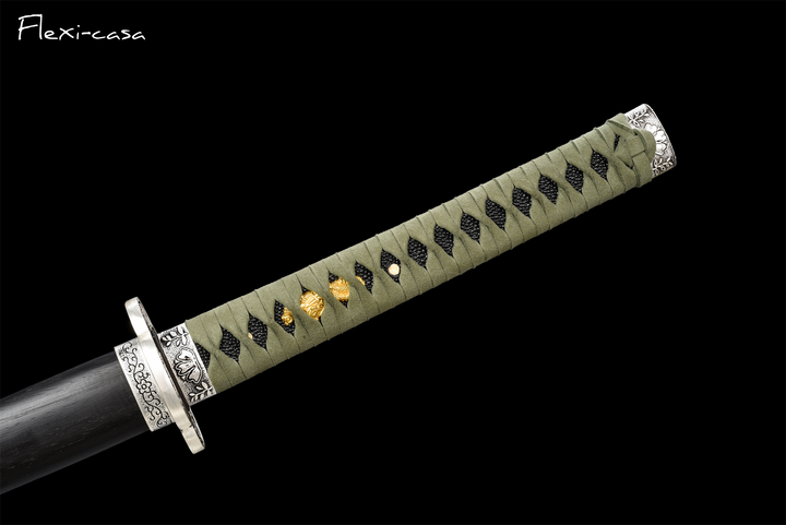 Hand-Forged Katana – High Manganese Steel, Olive Green Handle, Black Lacquer Scabbard