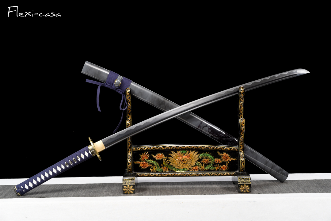 Hand-Forged Katana – 1060 High Carbon Steel, Blue Handle, White Lacquer Scabbard