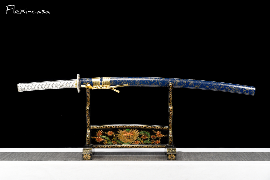 Hand-Forged Katana – 1060 High Carbon Steel, Blue Scabbard with Gold Fittings, White Handle