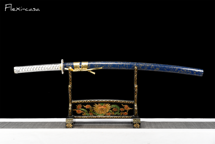 Hand-Forged Katana – 1060 High Carbon Steel, Blue Scabbard with Gold Fittings, White Handle