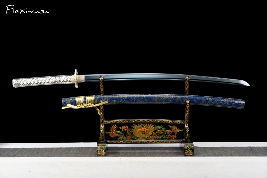 Hand-Forged Katana – 1060 High Carbon Steel, Blue Scabbard with Gold Fittings, White Handle
