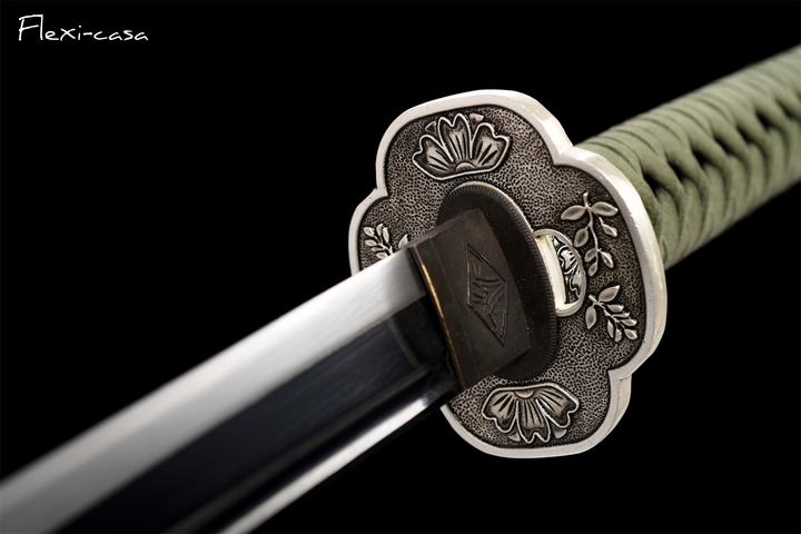 Hand-Forged Katana – High Manganese Steel, Olive Green Handle, Black Lacquer Scabbard