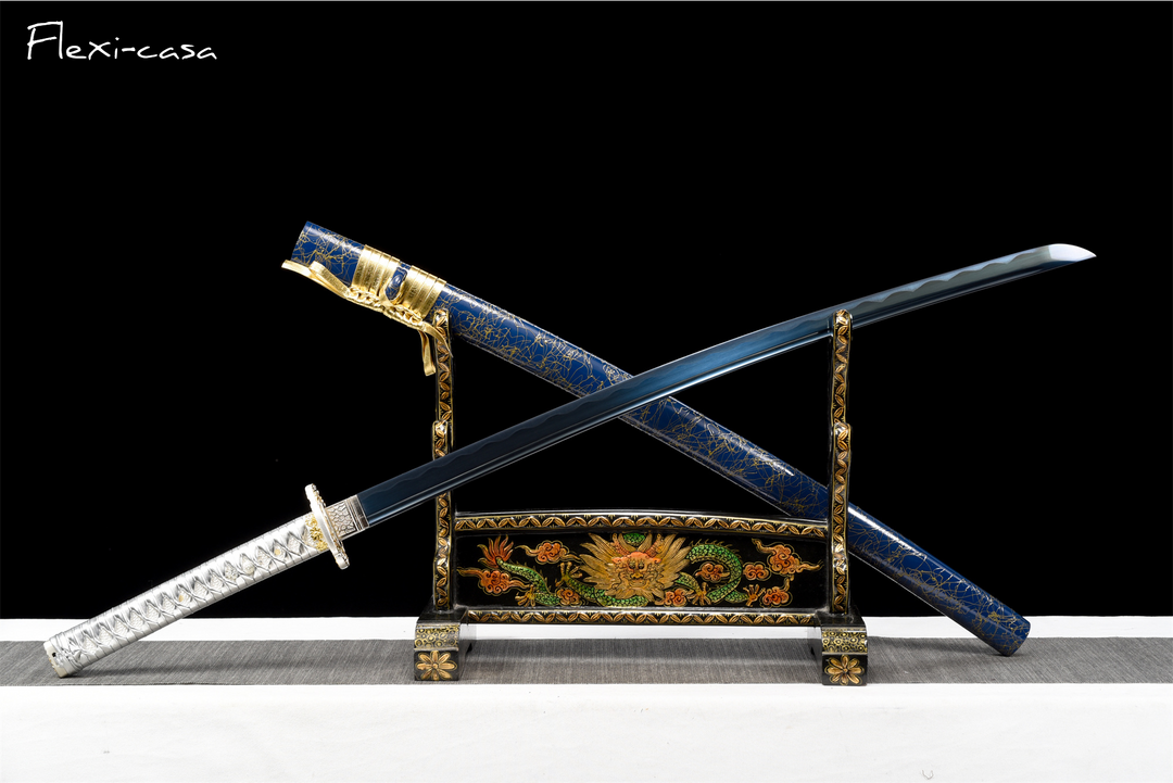 Hand-Forged Katana – 1060 High Carbon Steel, Blue Scabbard with Gold Fittings, White Handle