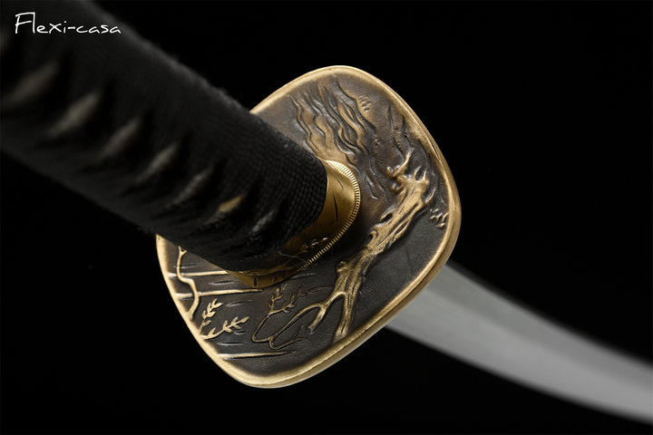 Hand-Forged Damascus Steel Katana with Ray Skin Handle & Black Lacquer Saya