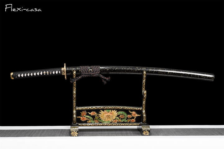 Hand-Forged Damascus Steel Katana with Ray Skin Handle & Black Lacquer Saya