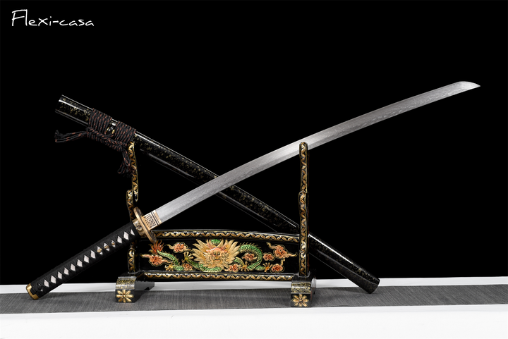 Hand-Forged Damascus Steel Katana with Ray Skin Handle & Black Lacquer Saya