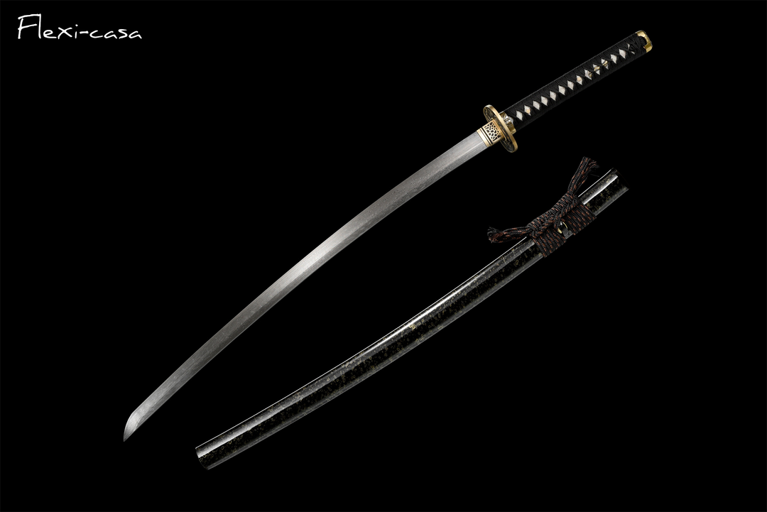 Hand-Forged Damascus Steel Katana with Ray Skin Handle & Black Lacquer Saya