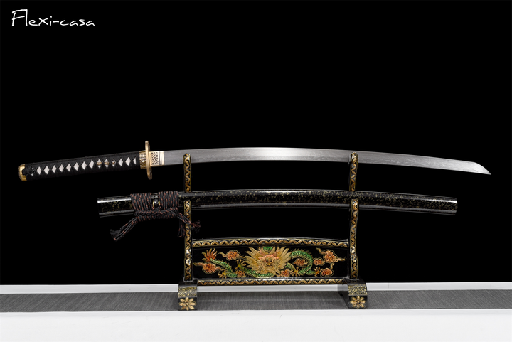 Hand-Forged Damascus Steel Katana with Ray Skin Handle & Black Lacquer Saya
