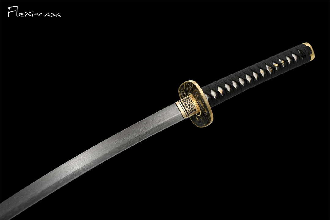 Hand-Forged Damascus Steel Katana with Ray Skin Handle & Black Lacquer Saya