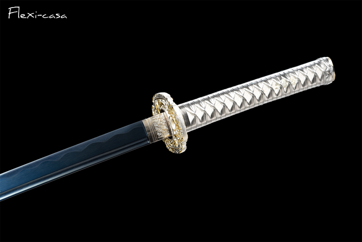 Hand-Forged Katana – 1060 High Carbon Steel, Blue Scabbard with Gold Fittings, White Handle