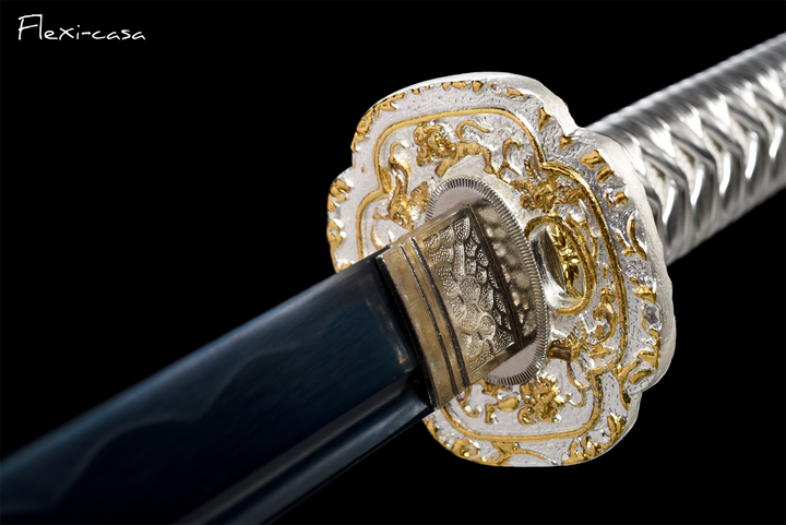 Hand-Forged Katana – 1060 High Carbon Steel, Blue Scabbard with Gold Fittings, White Handle