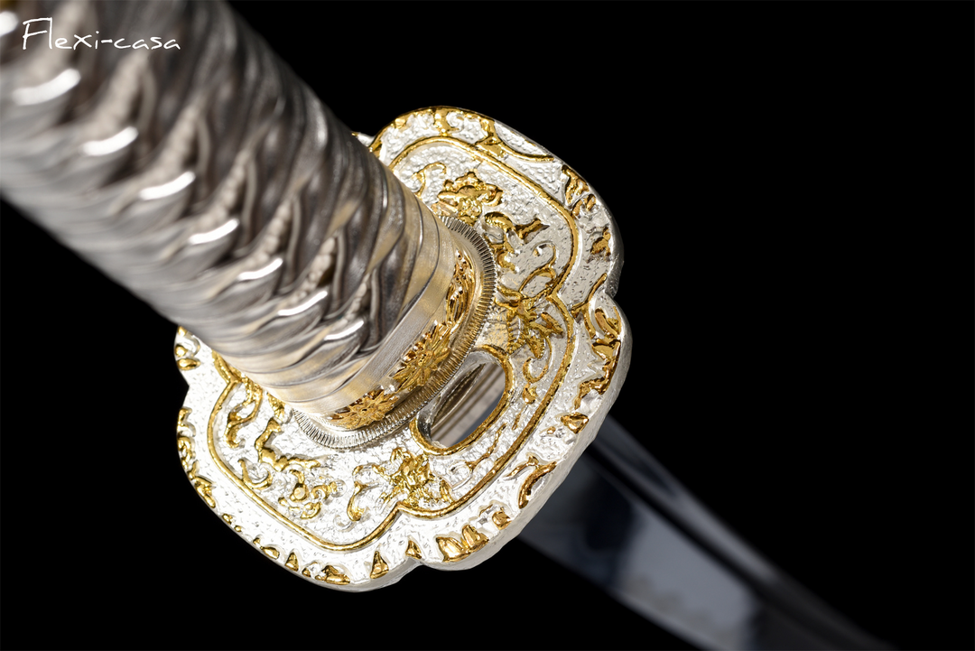 Hand-Forged Katana – 1060 High Carbon Steel, Blue Scabbard with Gold Fittings, White Handle