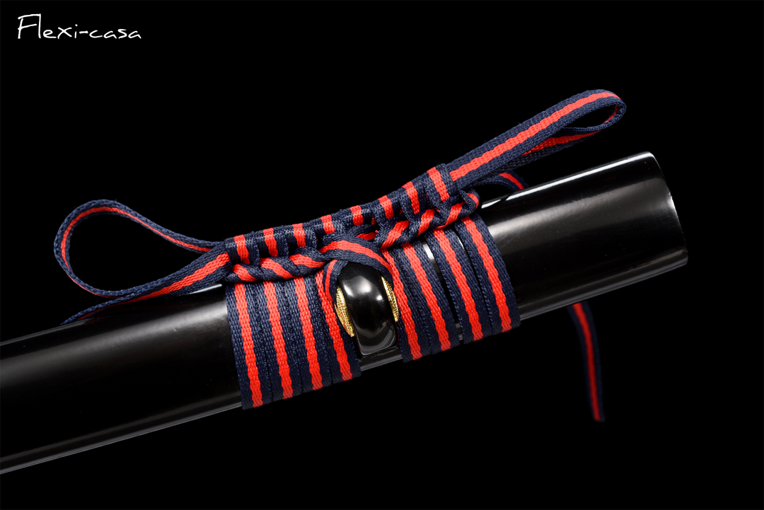 Hand-Forged Katana – 1060 High Carbon Steel, Red-Black Handle, Black Lacquer Scabbard, Gold Fittings