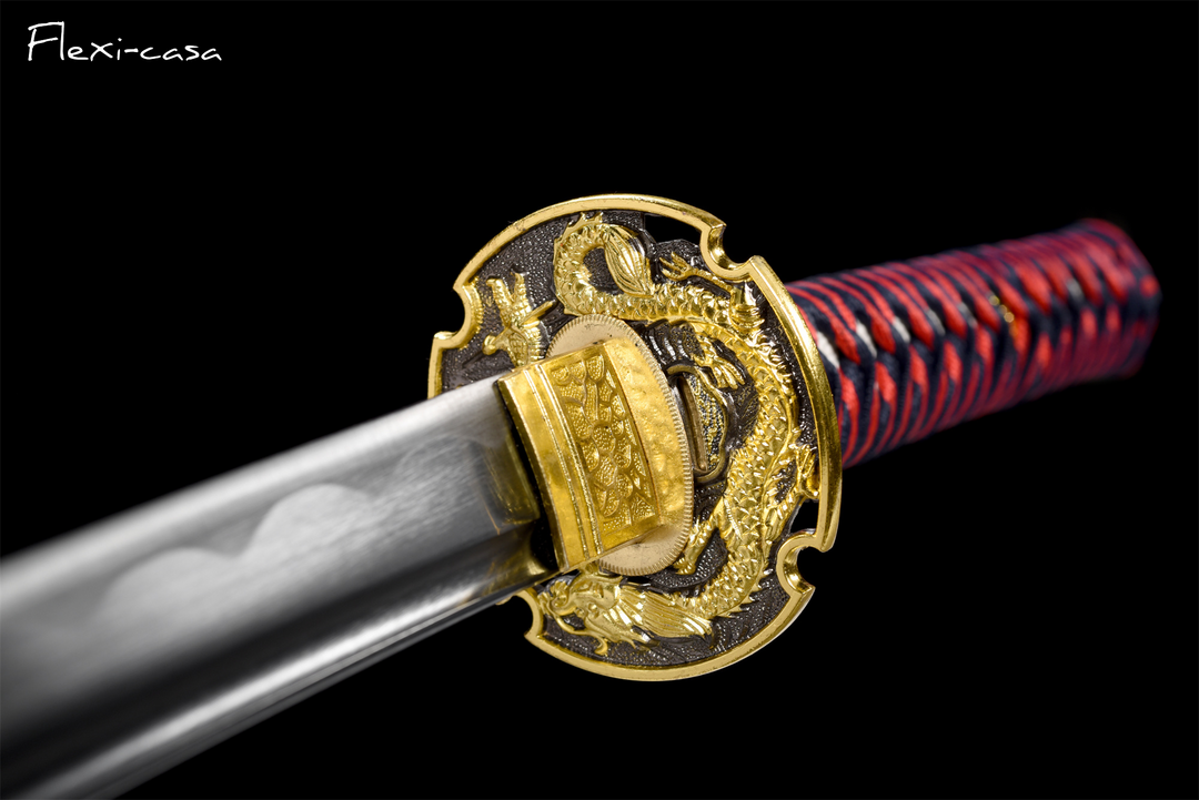 Hand-Forged Katana – 1060 High Carbon Steel, Red-Black Handle, Black Lacquer Scabbard, Gold Fittings