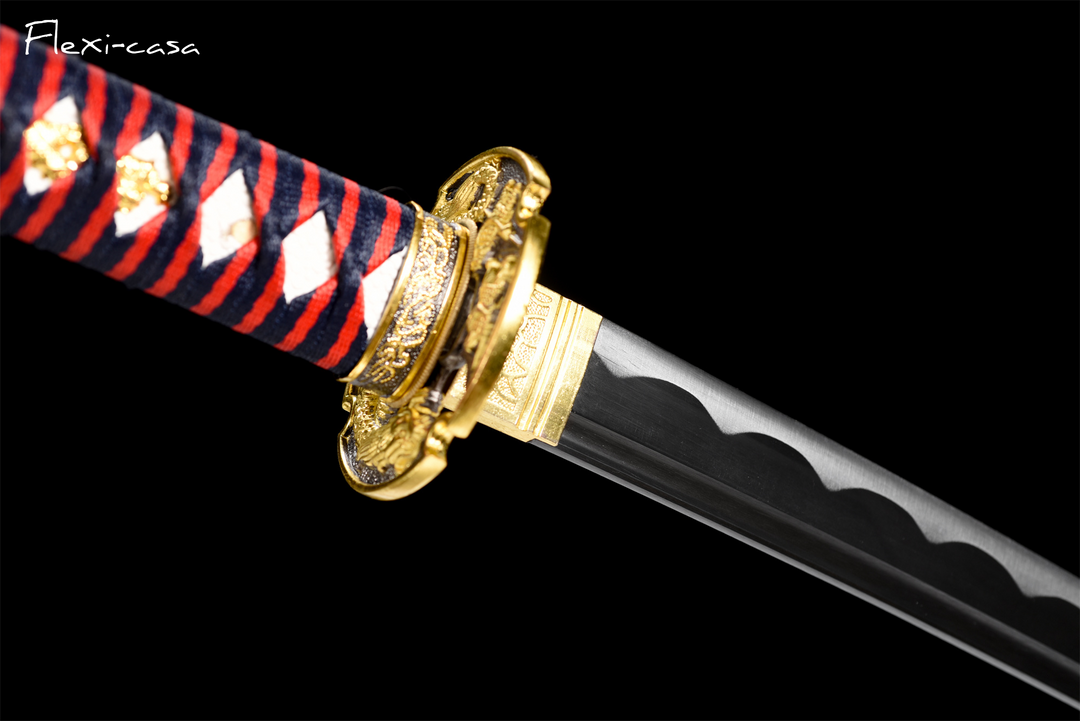 Hand-Forged Katana – 1060 High Carbon Steel, Red-Black Handle, Black Lacquer Scabbard, Gold Fittings