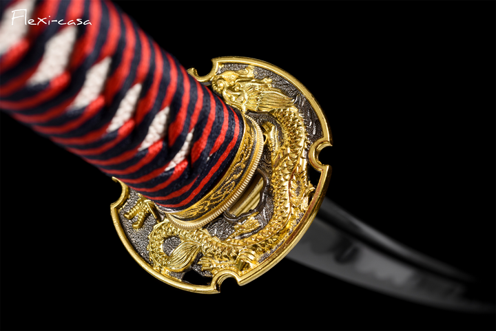 Hand-Forged Katana – 1060 High Carbon Steel, Red-Black Handle, Black Lacquer Scabbard, Gold Fittings