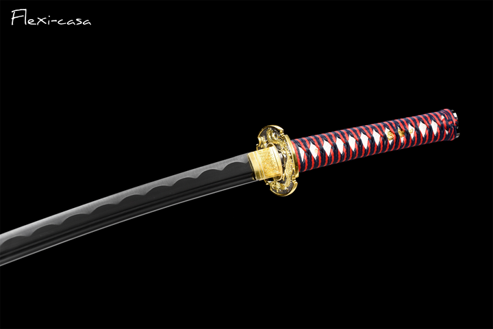 Hand-Forged Katana – 1060 High Carbon Steel, Red-Black Handle, Black Lacquer Scabbard, Gold Fittings