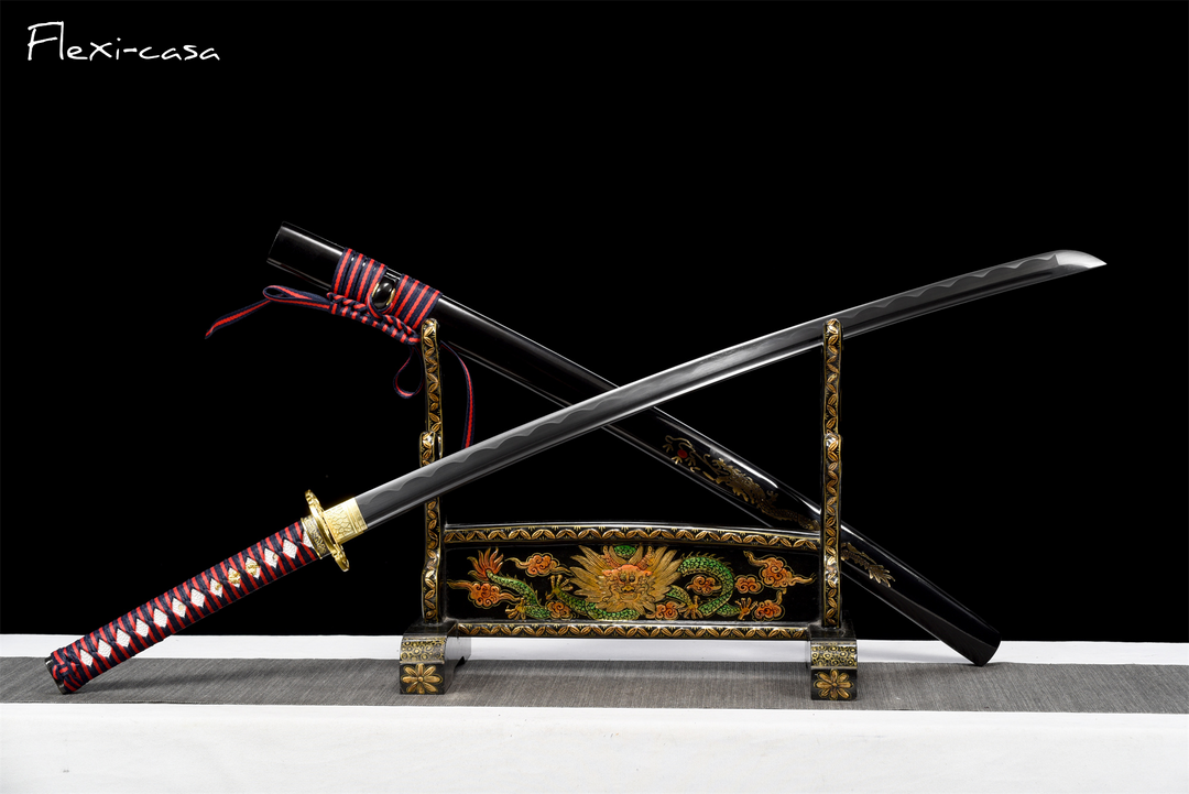 Hand-Forged Katana – 1060 High Carbon Steel, Red-Black Handle, Black Lacquer Scabbard, Gold Fittings