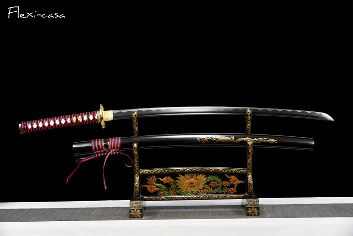 Hand-Forged Katana – 1060 High Carbon Steel, Red-Black Handle, Black Lacquer Scabbard, Gold Fittings
