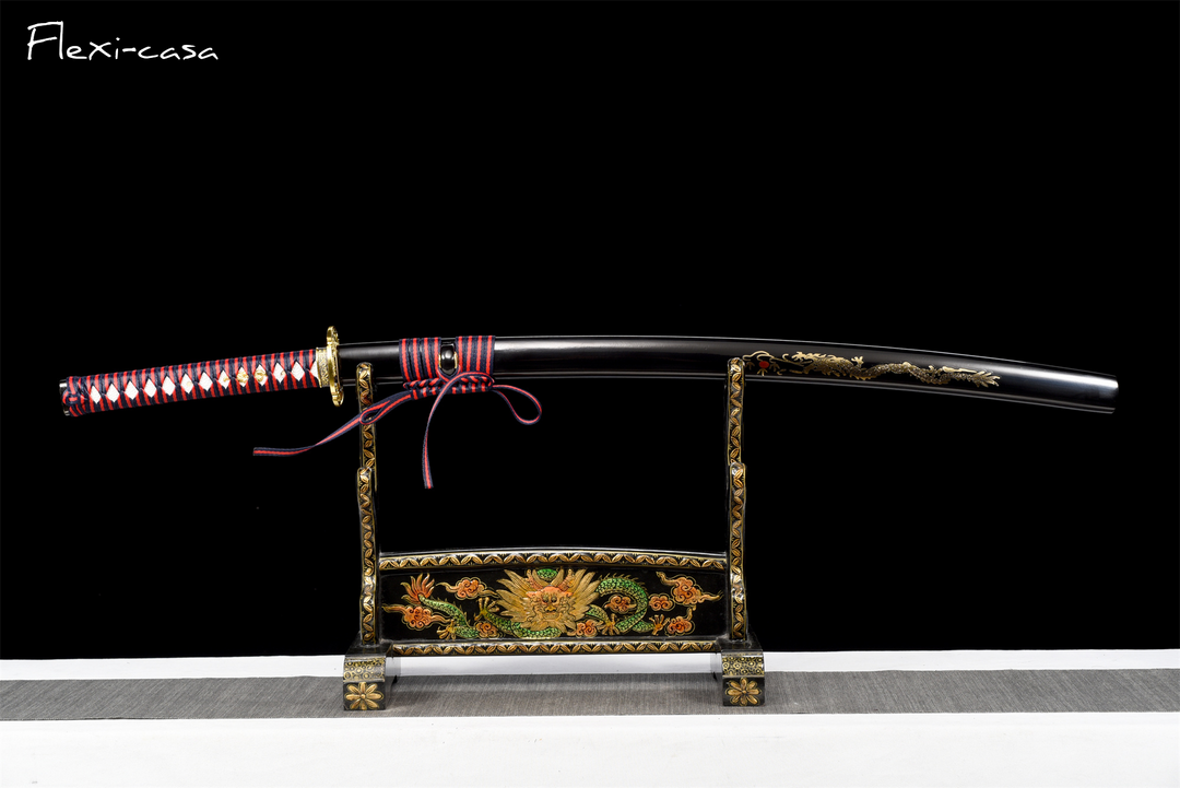 Hand-Forged Katana – 1060 High Carbon Steel, Red-Black Handle, Black Lacquer Scabbard, Gold Fittings