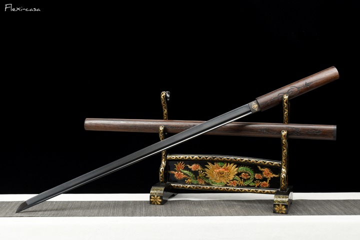 Hand-Forged Black Blade Katana – Rosewood Handle and Scabbard, High Manganese Steel