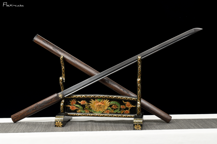 Hand-Forged Black Blade Katana – Rosewood Handle and Scabbard, High Manganese Steel