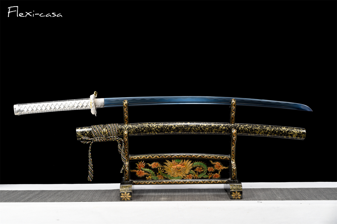 Hand-Forged Katana – 1060 High Carbon Steel, Red-Black Handle, Black Lacquer Scabbard, Gold Fittings
