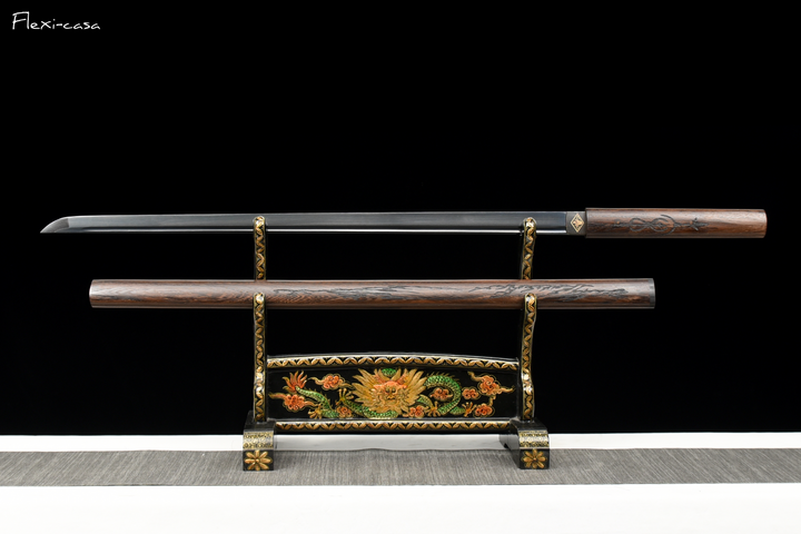 Hand-Forged Black Blade Katana – Rosewood Handle and Scabbard, High Manganese Steel