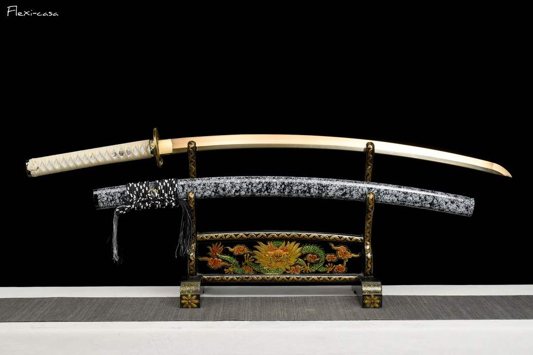 Hand-Forged White Katana – High Manganese Steel Blade, Snow Pattern Scabbard, Copper Fittings