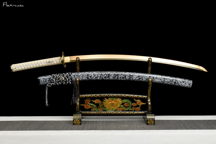 Hand-Forged White Katana – High Manganese Steel Blade, Snow Pattern Scabbard, Copper Fittings