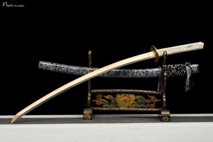 Hand-Forged White Katana – High Manganese Steel Blade, Snow Pattern Scabbard, Copper Fittings