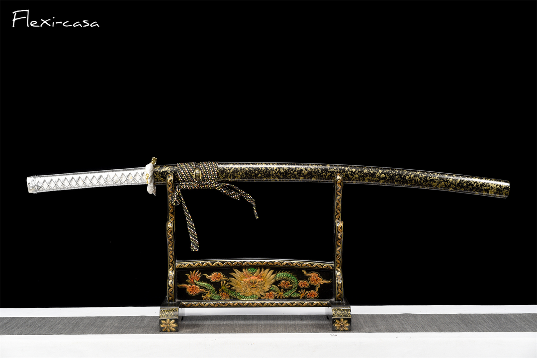 Hand-Forged Katana – 1060 High Carbon Steel, Red-Black Handle, Black Lacquer Scabbard, Gold Fittings