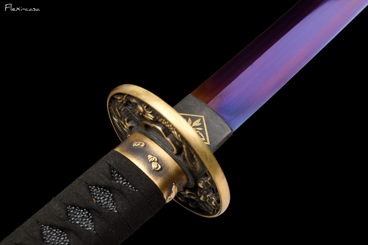 Hand-Forged Roasted Purple Katana – High Manganese Steel, Lacquered Scabbard, Black Leather Handle
