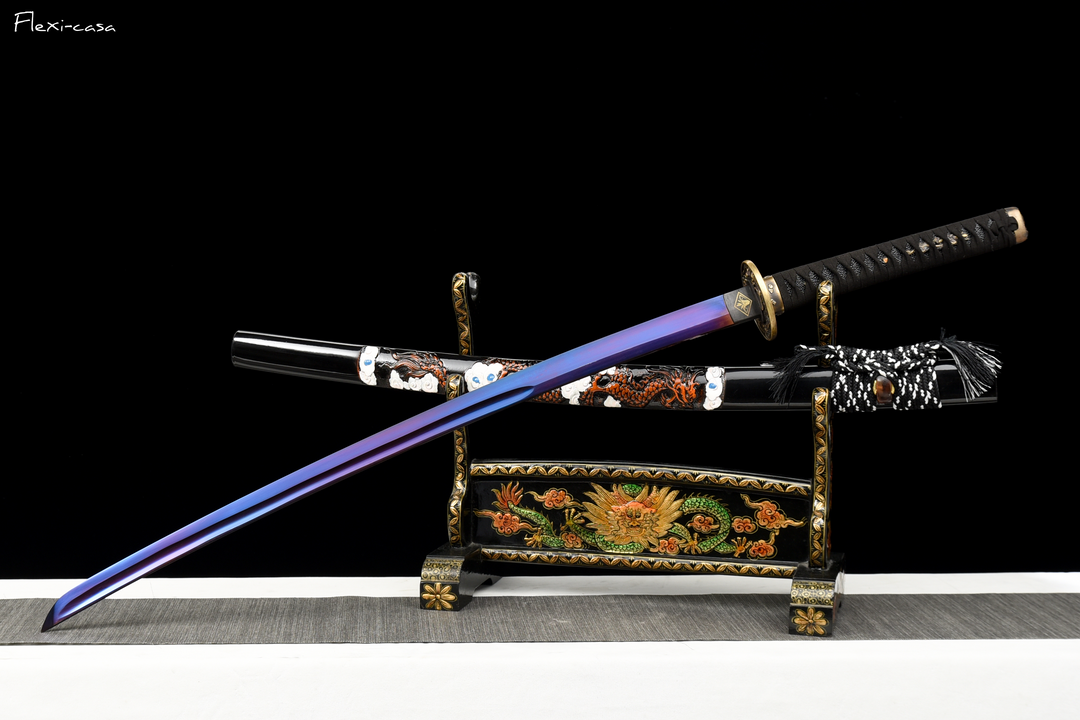 Hand-Forged Roasted Purple Katana – High Manganese Steel, Lacquered Scabbard, Black Leather Handle