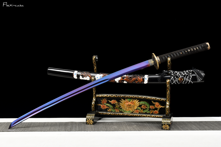 Hand-Forged Roasted Purple Katana – High Manganese Steel, Lacquered Scabbard, Black Leather Handle