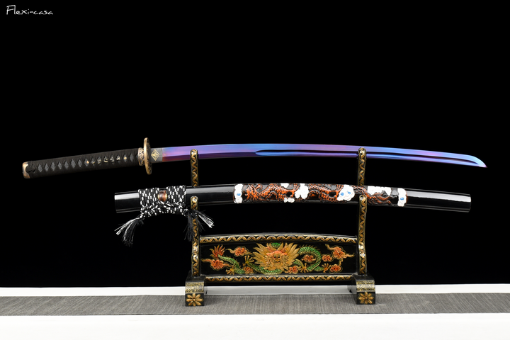 Hand-Forged Roasted Purple Katana – High Manganese Steel, Lacquered Scabbard, Black Leather Handle