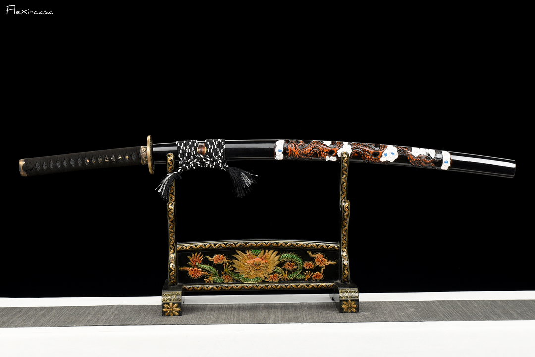 Hand-Forged Roasted Purple Katana – High Manganese Steel, Lacquered Scabbard, Black Leather Handle