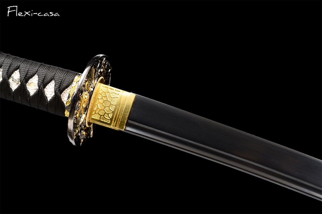 and-Forged Black Katana – 1060 High Carbon Steel, Marble-Pattern Saya, Gold Alloy Fittings