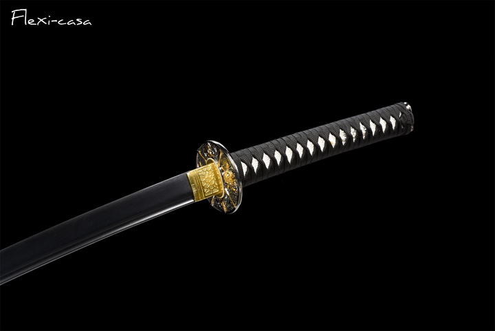 and-Forged Black Katana – 1060 High Carbon Steel, Marble-Pattern Saya, Gold Alloy Fittings