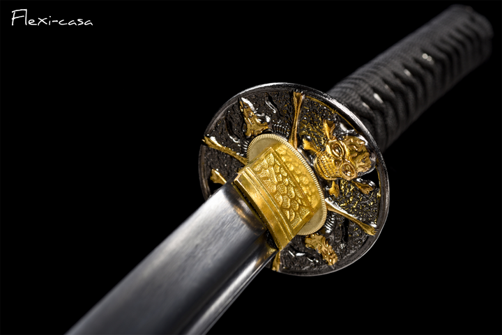 and-Forged Black Katana – 1060 High Carbon Steel, Marble-Pattern Saya, Gold Alloy Fittings