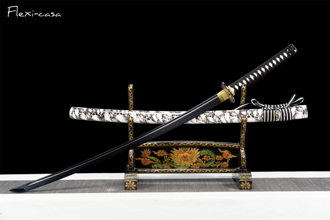 and-Forged Black Katana – 1060 High Carbon Steel, Marble-Pattern Saya, Gold Alloy Fittings