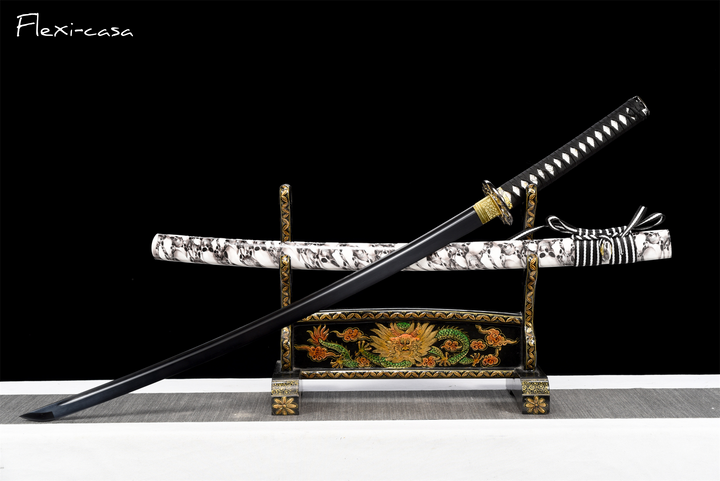 and-Forged Black Katana – 1060 High Carbon Steel, Marble-Pattern Saya, Gold Alloy Fittings
