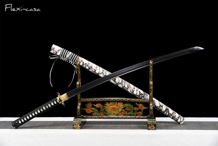 and-Forged Black Katana – 1060 High Carbon Steel, Marble-Pattern Saya, Gold Alloy Fittings