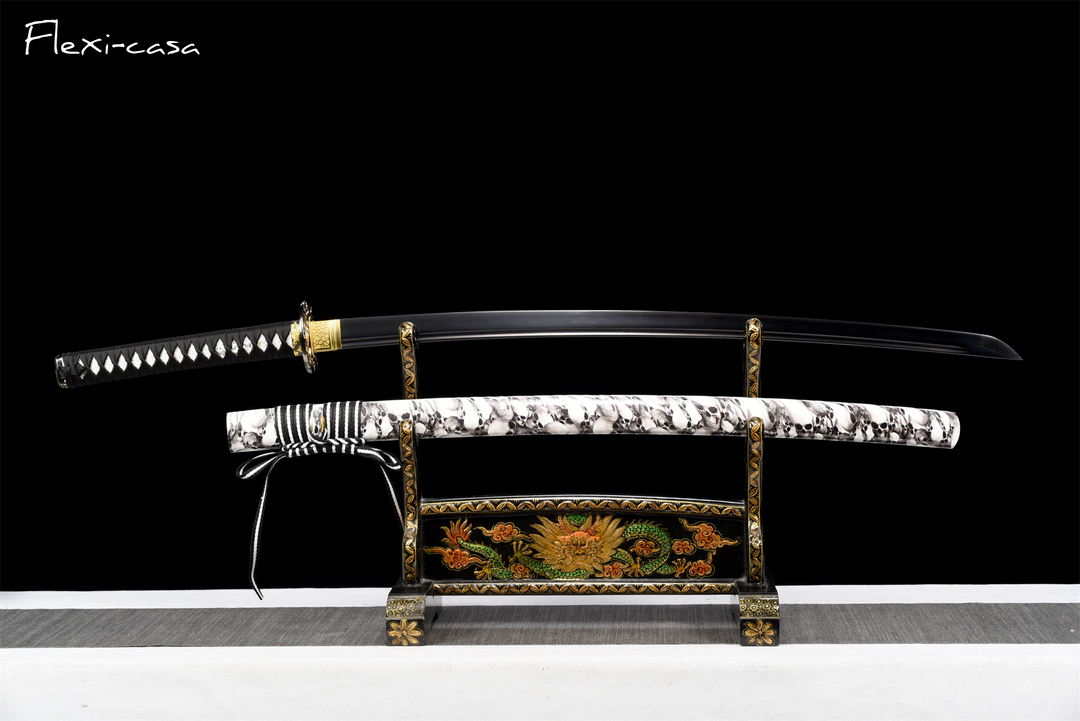and-Forged Black Katana – 1060 High Carbon Steel, Marble-Pattern Saya, Gold Alloy Fittings