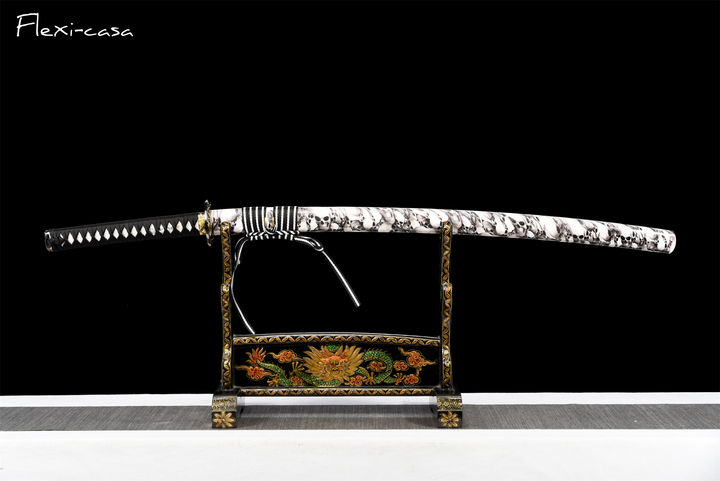 and-Forged Black Katana – 1060 High Carbon Steel, Marble-Pattern Saya, Gold Alloy Fittings